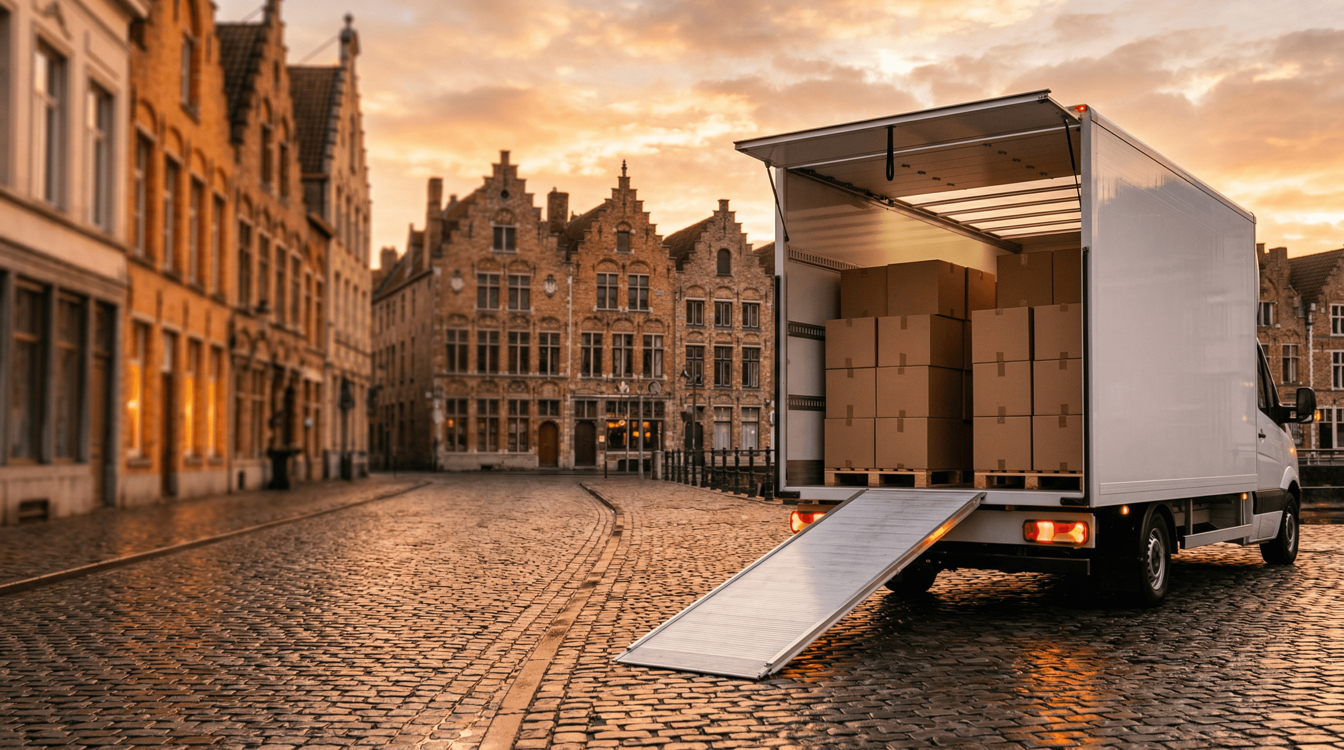 Verhuiswagen in een Vlaamse straat bij zonsondergang